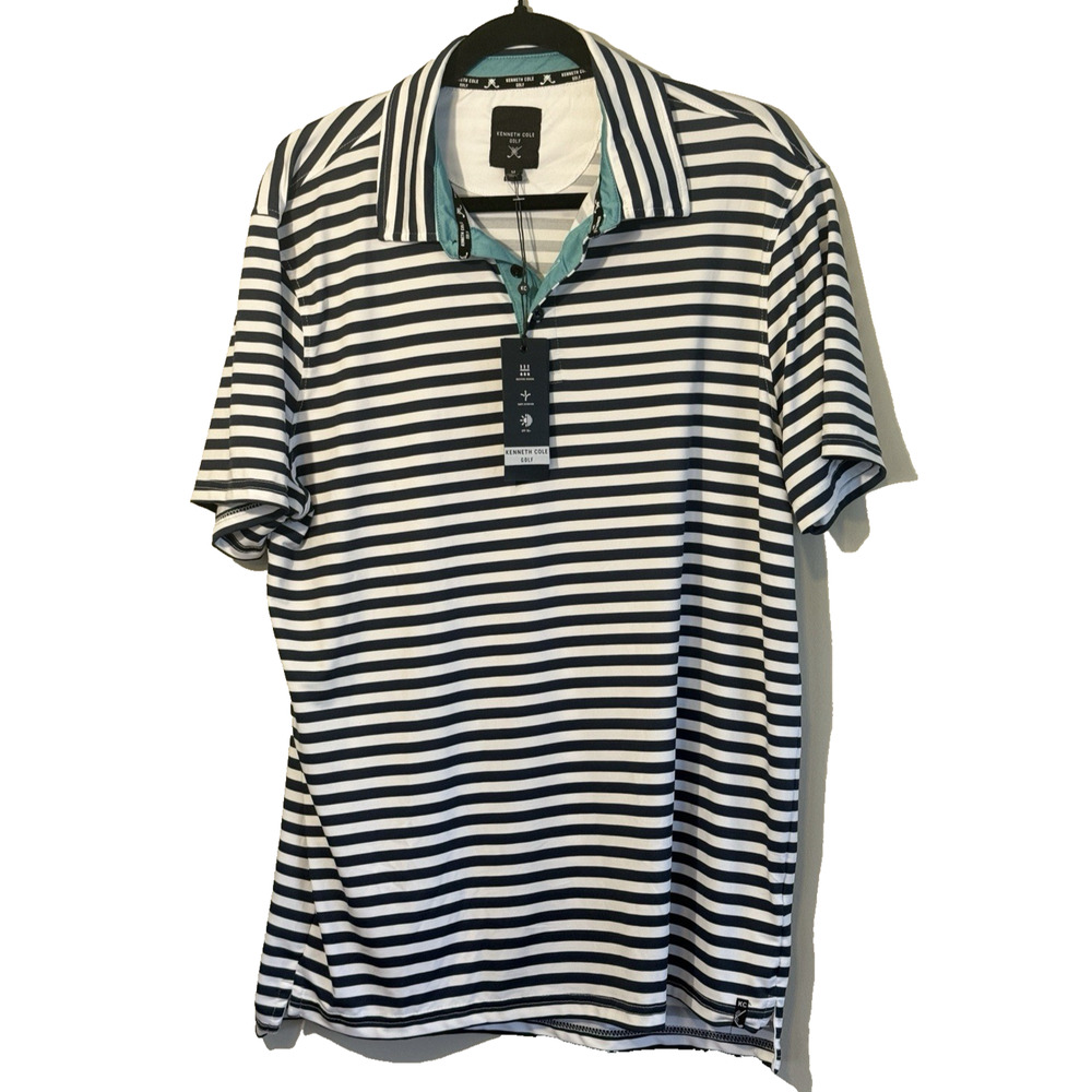 Kenneth Cole Mens Performance Polo Golf Shirt M Short Sleeve Casual Navy Stripe